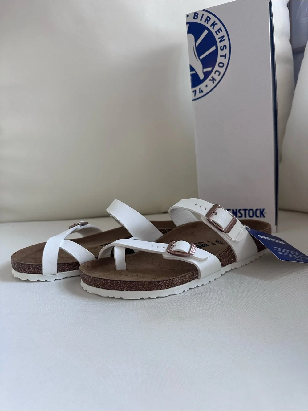 Birkenstock Kids White Strappy Sandals with Rose Gold Buckles